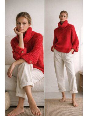 Vintage Bebe Blond Red Wool Knit Sweater S | Chunky Turtleneck Sculptural Sleeve